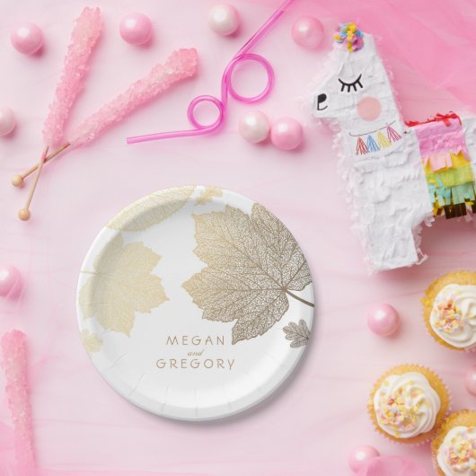 Assiettes En Carton Mariage de feuilles blanches et dorées (Fête)