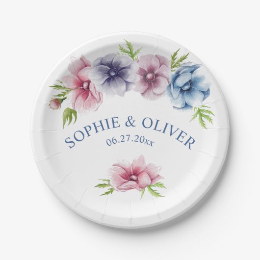 Assiettes En Carton Mariage de fleurs d'anémone aquarelle (Devant)