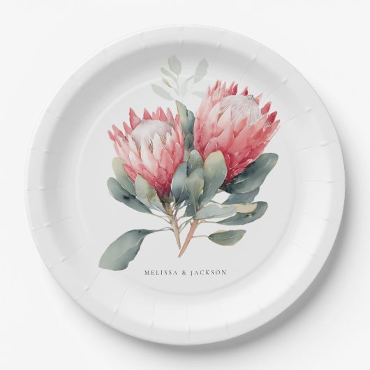 Assiettes En Carton Mariage de fleurs d'aquarelle en teinte Protea (Devant)