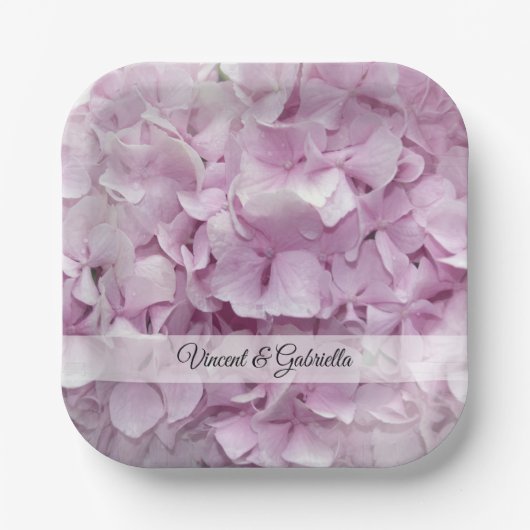 Assiettes En Carton Mariage de fleurs d'Hydrangée rose douce (Recto)