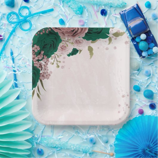 Assiettes En Carton mariage de fleurs rose vert émeraude (Fête)