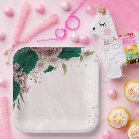 Assiettes En Carton mariage de fleurs rose vert émeraude (Fête)