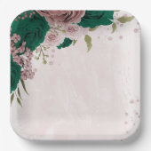 Assiettes En Carton mariage de fleurs rose vert émeraude (Recto)