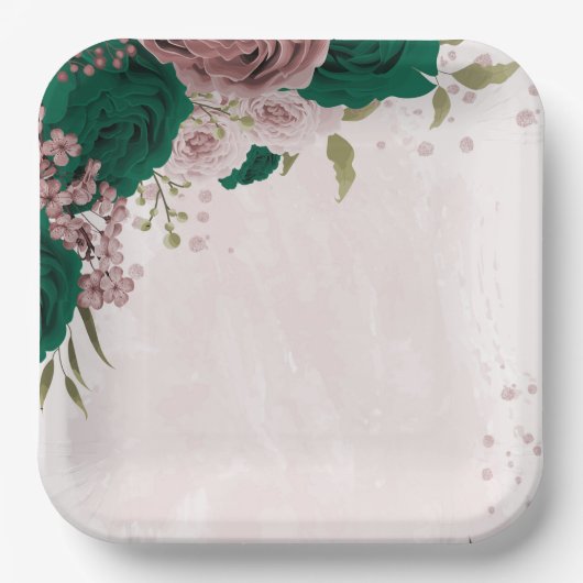 Assiettes En Carton mariage de fleurs rose vert émeraude (Recto)