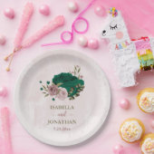 Assiettes En Carton mariage de fleurs rose vert émeraude (Fête)