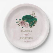 Assiettes En Carton mariage de fleurs rose vert émeraude (Devant)