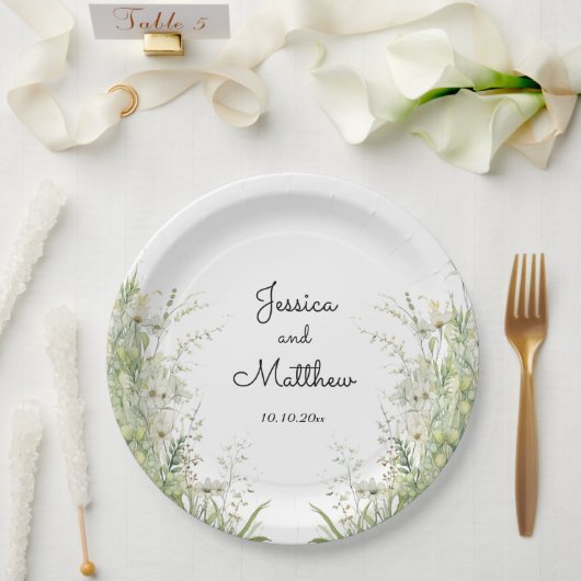 Assiettes En Carton Mariage de fleurs vertes Dusty (Mariage)