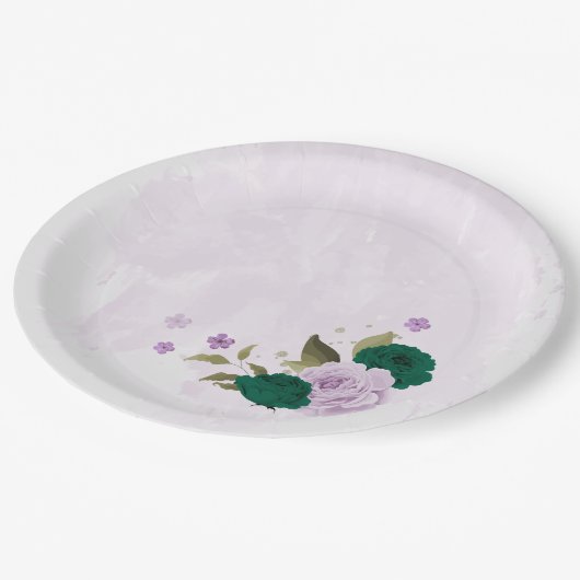 Assiettes En Carton mariage de fleurs violettes vert émeraude (Angle)
