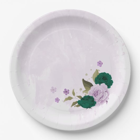 Assiettes En Carton mariage de fleurs violettes vert émeraude (Devant)