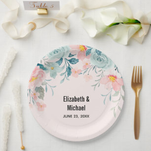 Assiettes En Carton Mariage de frontière rose et vert