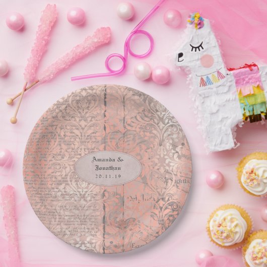Assiettes En Carton Mariage de journal rose Gold Damask (Fête)
