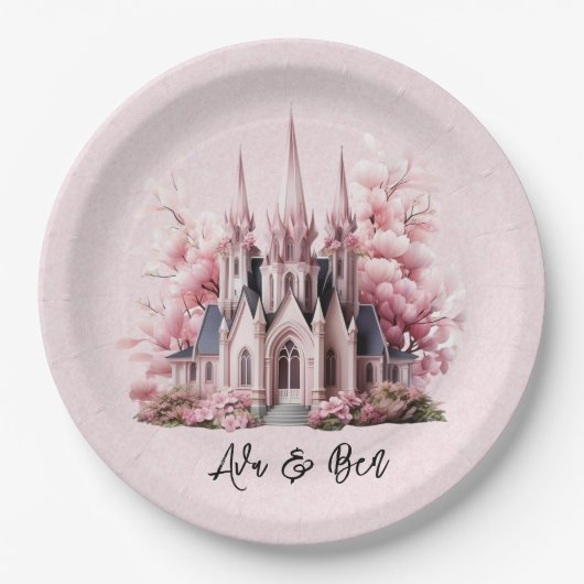 Assiettes En Carton Mariage de l'église d'aquarelle rose (Devant)