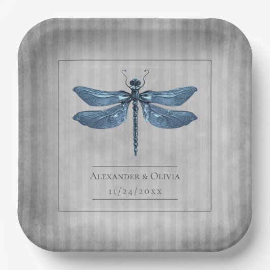 Assiettes En Carton Mariage de libellules à bijoux bleu (Recto)