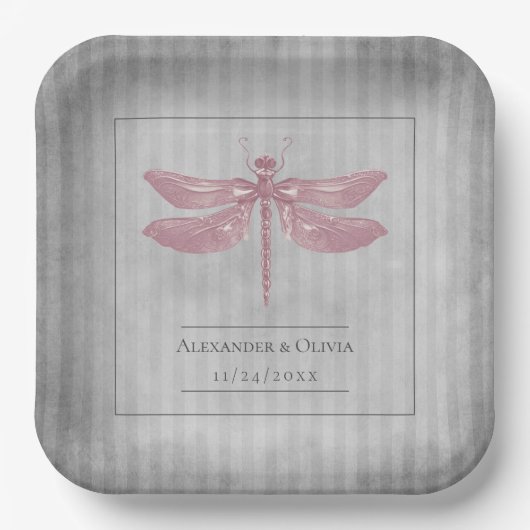 Assiettes En Carton Mariage de libellules à bijoux rose (Recto)