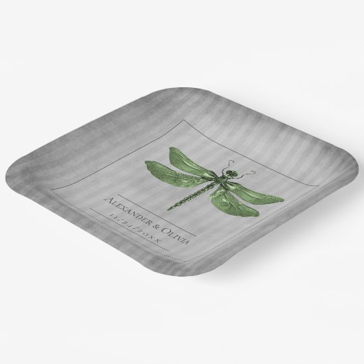 Assiettes En Carton Mariage de libellules à bijoux verts (Angulaire)