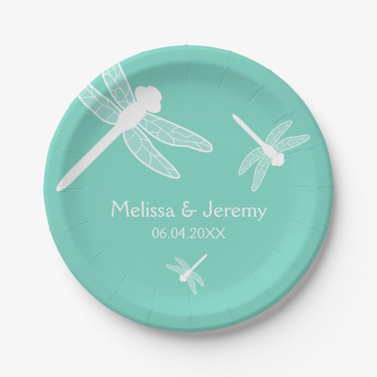 Assiettes En Carton Mariage de libellules turquoise (Devant)