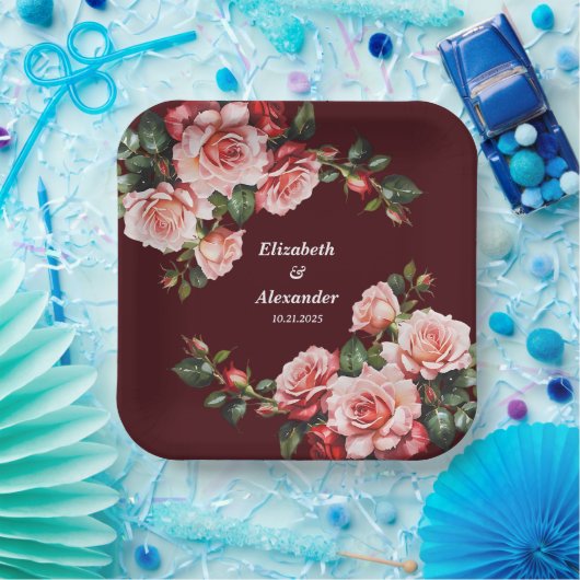 Assiettes En Carton Mariage de marron rose et rouge rose foncé moody (Fête)