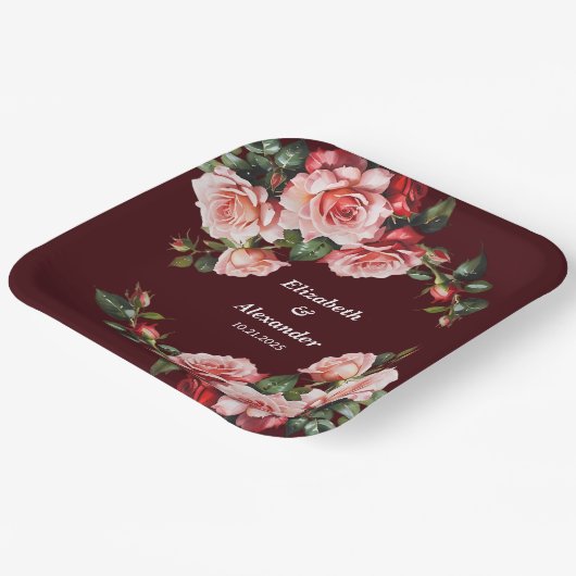 Assiettes En Carton Mariage de marron rose et rouge rose foncé moody (Angulaire)