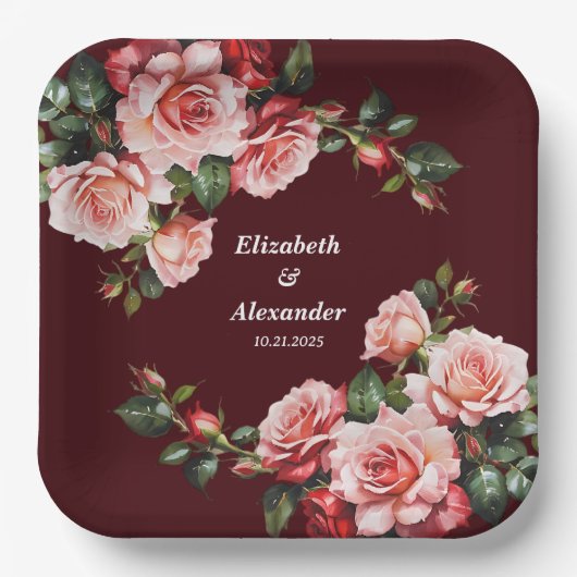 Assiettes En Carton Mariage de marron rose et rouge rose foncé moody (Recto)