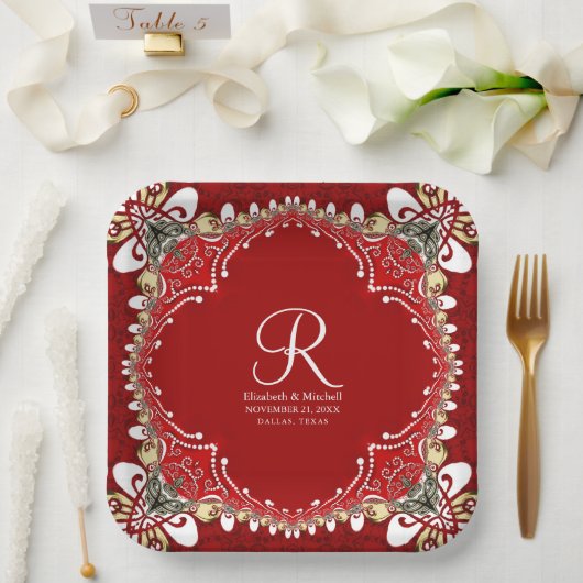 Assiettes En Carton Mariage de monogramme Batik de Bohême Rouge (Mariage)
