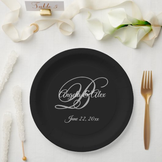Assiettes En Carton Mariage de monogramme blanc gris et noir (Mariage)