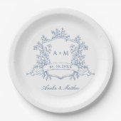 Assiettes En Carton Mariage de monogramme classique bleu Dusty Floral  (Devant)