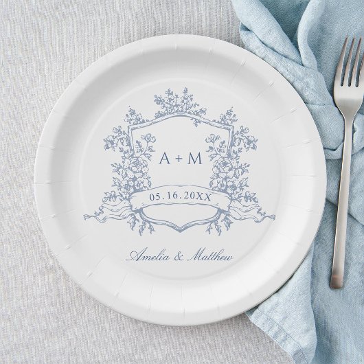 Assiettes En Carton Mariage de monogramme classique bleu Dusty Floral