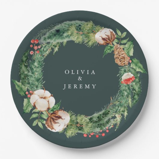 Assiettes En Carton Mariage de monogramme de coton et de vert d'hiver (Devant)
