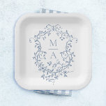 Assiettes En Carton Mariage de monogramme de crête florale bleu classi<br><div class="desc">Élégante plaque de papier mariage à fleurs bleues victoriennes françaises. Pour une personnalisation plus avancée de cette conception,  cliquez sur le BOUTON DESIGN TOOL ci-dessus !</div>