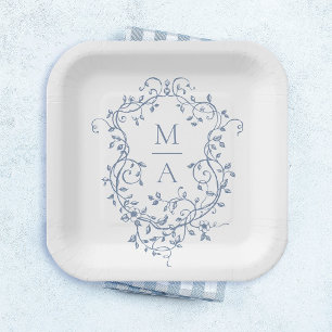 Assiettes En Carton Mariage de monogramme de crête florale bleu classi