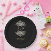 Assiettes En Carton Mariage de monogramme Floral de goth d'or noir (Fête)