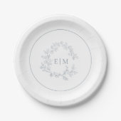 Assiettes En Carton Mariage de monogramme moderne Dusty Blue Leafy Cre (Devant)