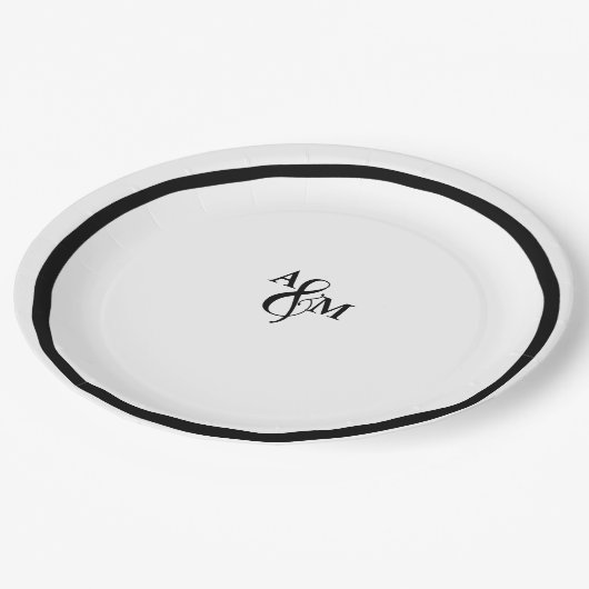 Assiettes En Carton Mariage de monogramme noir et blanc moderne (Angle)