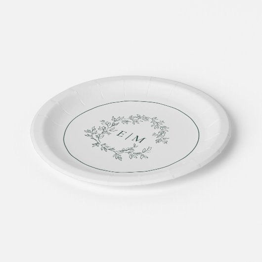 Assiettes En Carton Mariage de monogramme vert émeraude moderne (Angle)