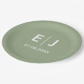 Assiettes En Carton Mariage de monogramme vert et blanc Sage (Angle)