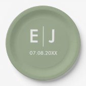 Assiettes En Carton Mariage de monogramme vert et blanc Sage (Devant)