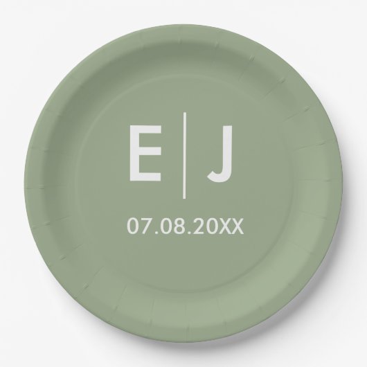 Assiettes En Carton Mariage de monogramme vert et blanc Sage (Devant)