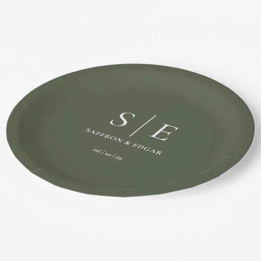 Assiettes En Carton Mariage de monogramme vert olive (Angle)
