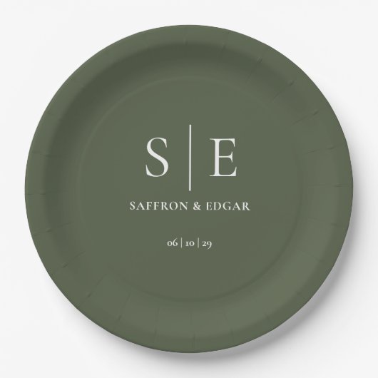 Assiettes En Carton Mariage de monogramme vert olive (Devant)