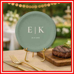 Assiettes En Carton Mariage de monogramme vert Sage