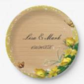 Assiettes En Carton Mariage de papillon floral jaune bois rustique (Devant)