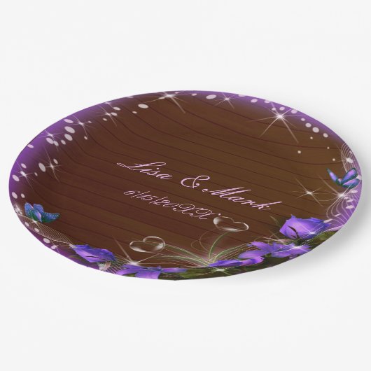 Assiettes En Carton Mariage de papillon floral violet en bois foncé ru (Angle)