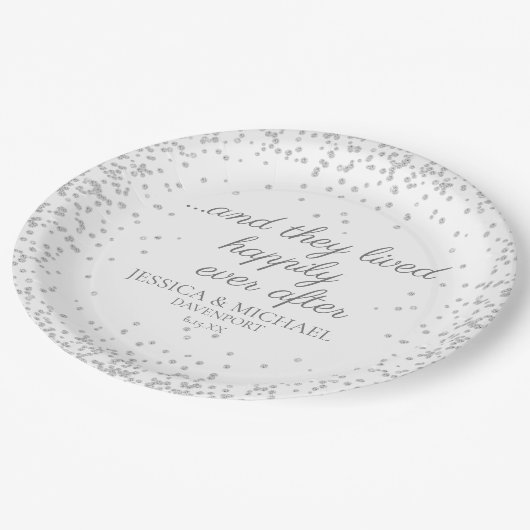 Assiettes En Carton Mariage de Parties scintillant argent blanc heureu (Angle)