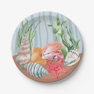 Assiettes En Carton Mariage de plage de coquillages bleu tropical