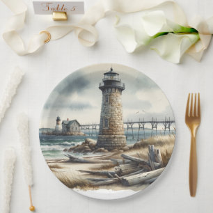 Assiettes En Carton Mariage de plage rustique au phare côtier