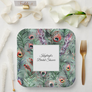 Assiettes En Carton Mariage de plumes de paon vert rouge