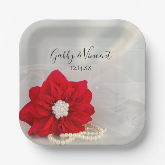 Assiettes En Carton Mariage de Poinsettia rouge et perles blanches (Recto)