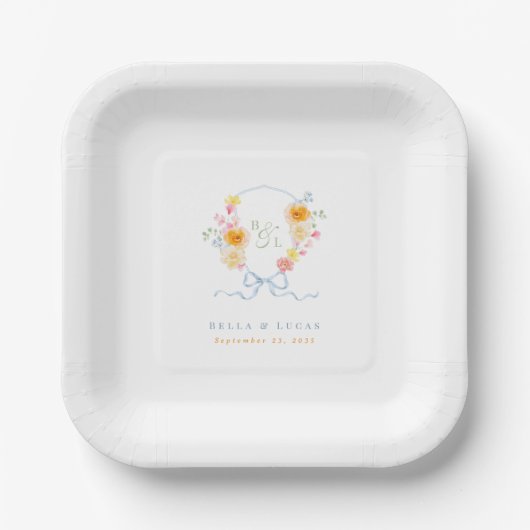 Assiettes En Carton Mariage de printemps au monogramme de blason à rub (Recto)