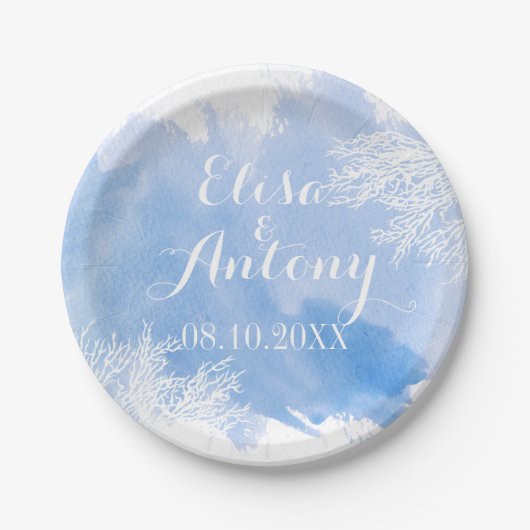 Assiettes En Carton Mariage de récif de corail bleu d'aquarelle modern (Devant)