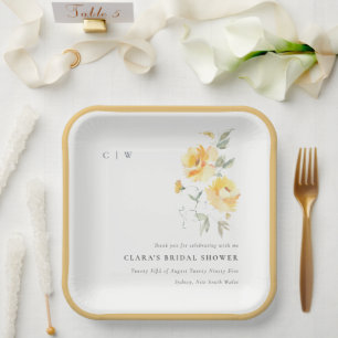 Assiettes En Carton Mariage de Rose à aquarelle jaune vert